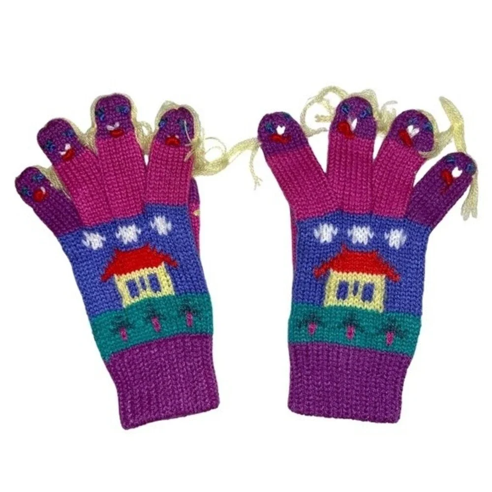 Vintage Unique Wearable Art Girls Knit Fun Gloves Mittens Stitched People